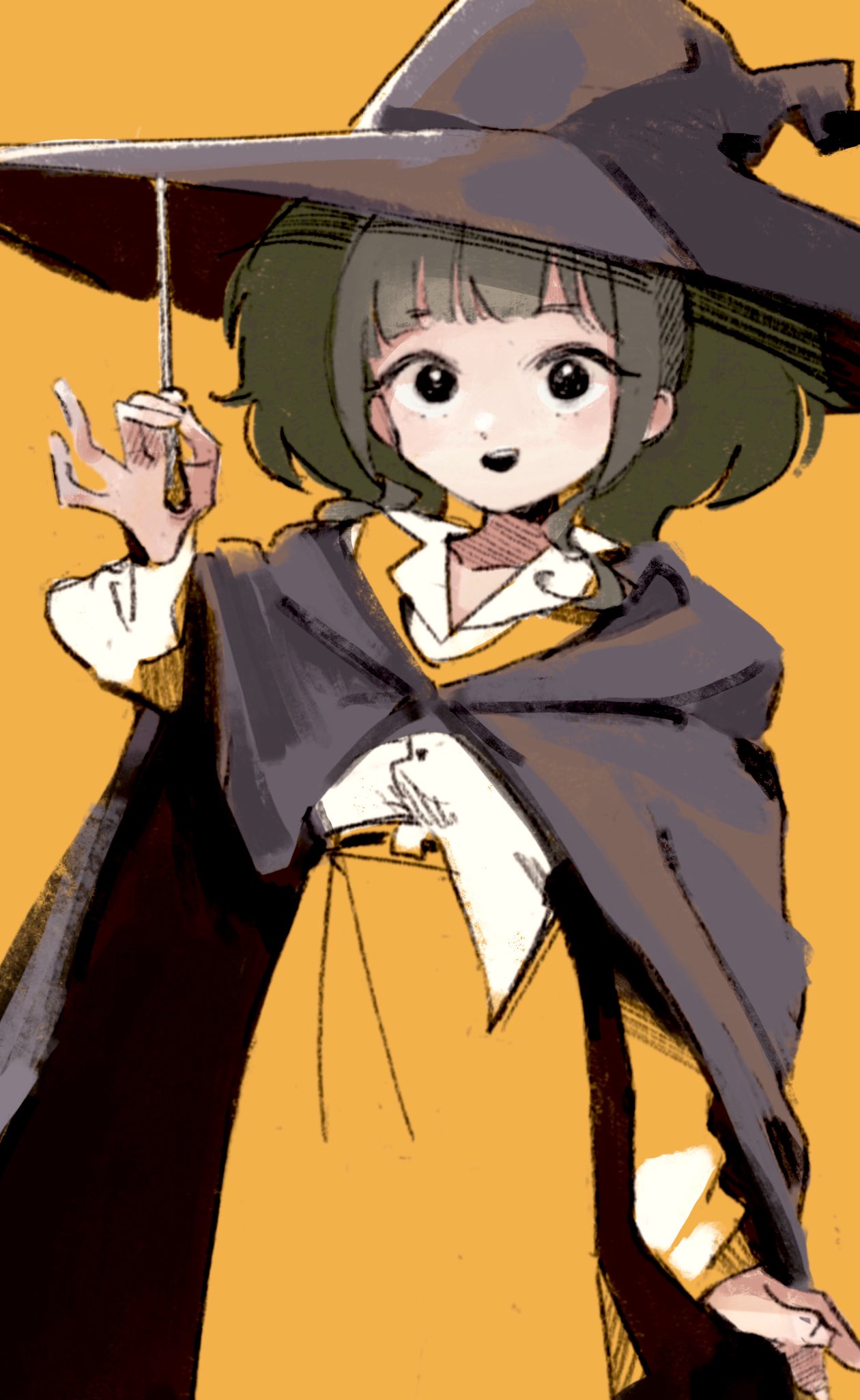 1girl alternate_costume black_cloak black_eyes black_headwear blush cloak collared_shirt feet_out_of_frame fujii_tomo hand_up hat highres holding holding_wand hood hood_down hooded_cloak idolmaster idolmaster_cinderella_girls imay3927 long_sleeves looking_at_viewer open_mouth orange_background orange_skirt shirt shirt_partially_tucked_in skirt smile solo standing wand white_shirt witch witch_hat