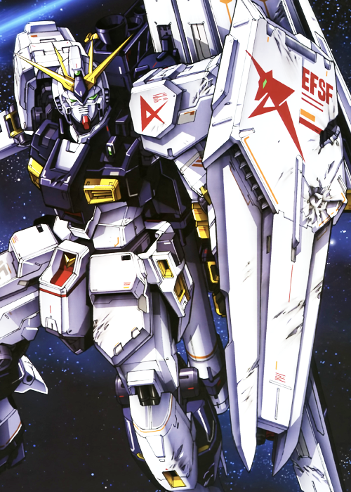 1980s_(style) artist_request bullet_hole damaged earth_federation_space_forces emblem green_eyes gundam gundam_unicorn machinery mecha mecha_focus milky_way mobile_suit nebula no_humans nu_gundam promotional_art retro_artstyle robot roundel scan shield space star_(sky) starry_background traditional_media vernier_thrusters zero_gravity