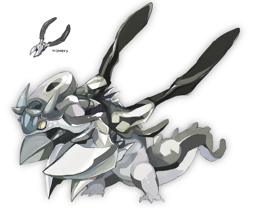 animal_focus from_side full_body grey_horns horns monsterification no_humans omarumaru original reference_inset ringed_eyes scissors shears simple_background solo spikes tail white_background wings yellow_eyes