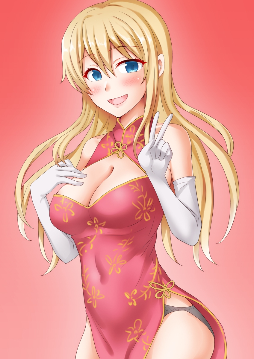 1girl anti_(untea9) atago_(kancolle) blonde_hair blush breasts china_dress chinese_clothes cleavage dress elbow_gloves gloves gradient_background green_eyes hand_on_own_chest highres kantai_collection large_breasts long_hair looking_at_viewer open_mouth pink_background red_dress smile solo white_gloves