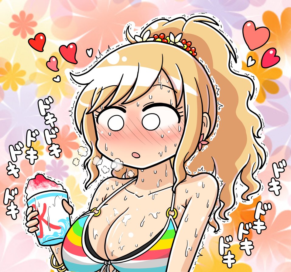 1girl bare_shoulders bikini blank_eyes blonde_hair blush breasts cleavage collarbone cup earrings embarrassed floral_background flower flower_earrings food front-tie_bikini_top front-tie_top hair_flower hair_ornament hand_up heart heavy_breathing holding holding_cup idolmaster idolmaster_cinderella_girls idolmaster_cinderella_girls_starlight_stage jewelry large_breasts long_hair looking_at_another looking_down mismatched_bikini motion_lines multicolored_background multiple_bracelets o-ring o-ring_bikini ohtsuki_yui open_mouth orange_flower pink_flower ponytail purple_flower red_flower shaved_ice solo striped_bikini striped_clothes sweat swimsuit tsunamayo upper_body wavy_hair wet white_flower yellow_flower