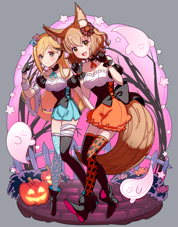 2girls :d animal_ears back_bow bandages bare_shoulders bare_tree black_footwear black_gloves blonde_hair boots bow breasts brick_floor brown_eyes candy cleavage commentary_request corset detached_sleeves dress fence food fox_ears fox_tail fujimoto_rina full_body ghost gloves grey_background grey_eyes hair_bow hair_ornament halloween halloween_costume heart heart-shaped_eyes ich. idolmaster idolmaster_cinderella_girls jack-o'-lantern light_brown_hair long_hair looking_at_viewer medium_breasts medium_hair multiple_girls namiki_meiko open_mouth picket_fence puffy_short_sleeves puffy_sleeves pumpkin short_sleeves smile star_(symbol) strapless strapless_dress tail thighhighs tree v very_long_hair wooden_fence zettai_ryouiki
