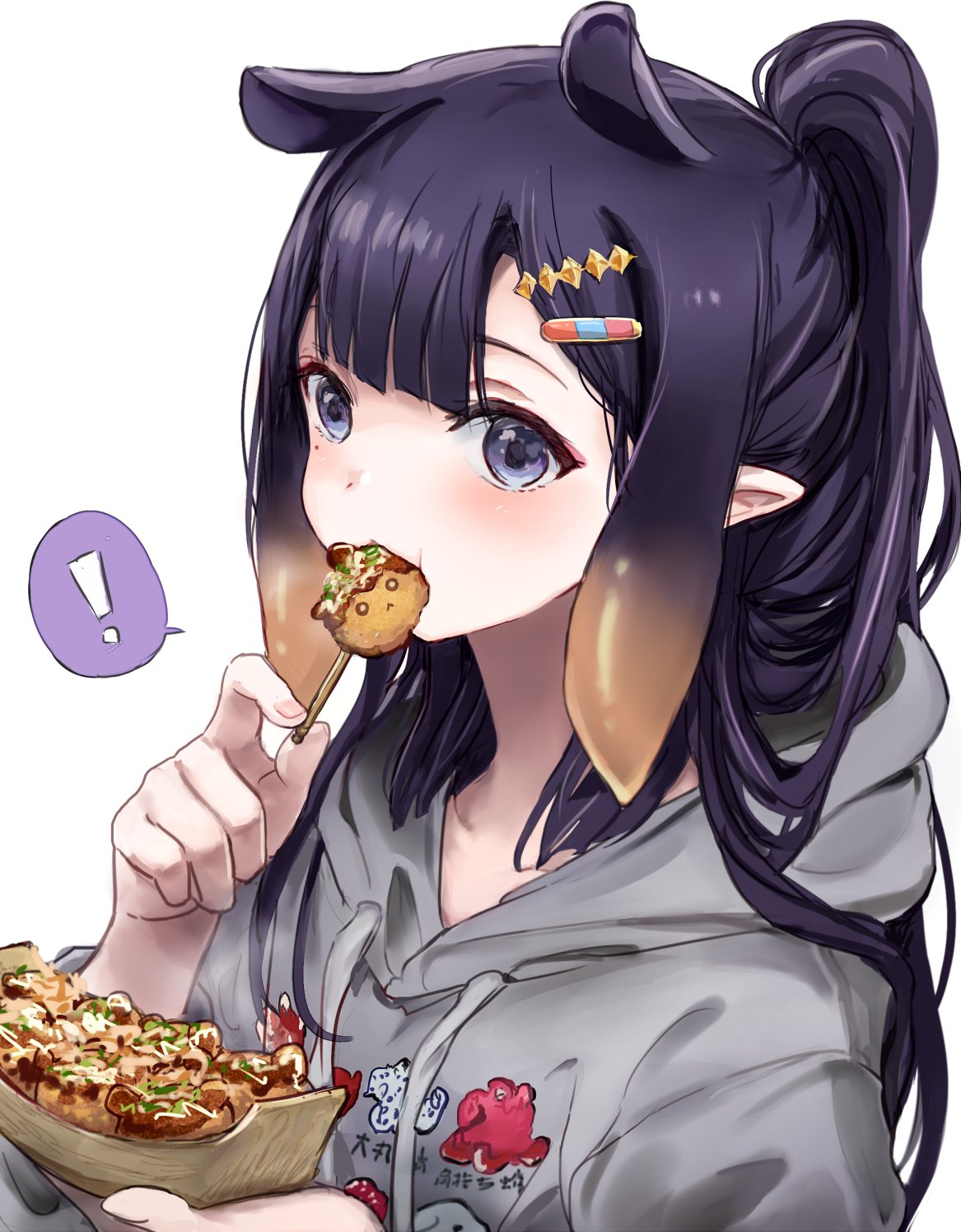 ! 1girl blunt_bangs blush center-flap_bangs commentary double-parted_bangs drawstring eating food food_in_mouth gradient_hair grey_hoodie hair_ornament hairclip hands_up high_ponytail highres holding holding_food hololive hololive_english hood hood_down hoodie long_hair long_sleeves looking_at_viewer mole mole_under_eye multicolored_hair ninomae_ina'nis orange_hair pointy_ears ponytail print_hoodie purple_eyes purple_hair sidelocks simple_background solo speech_bubble spoken_exclamation_mark symbol-only_commentary takoyaki tentacle_hair toothpick upper_body virtual_youtuber white_background yuuyu_(777)