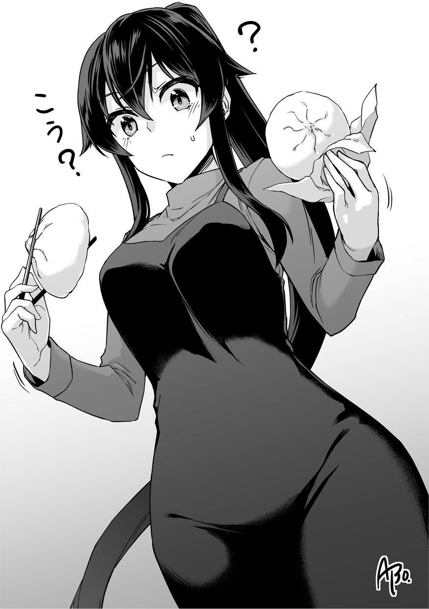 1girl ? abo_(hechouchou) baozi blush breasts chopsticks closed_mouth commission dress food gradient_background greyscale hair_between_eyes highres holding holding_chopsticks kantai_collection large_breasts long_hair long_sleeves monochrome ponytail sidelocks signature simple_background skeb_commission solo sweat sweater turtleneck turtleneck_sweater very_long_hair yahagi_(kancolle)