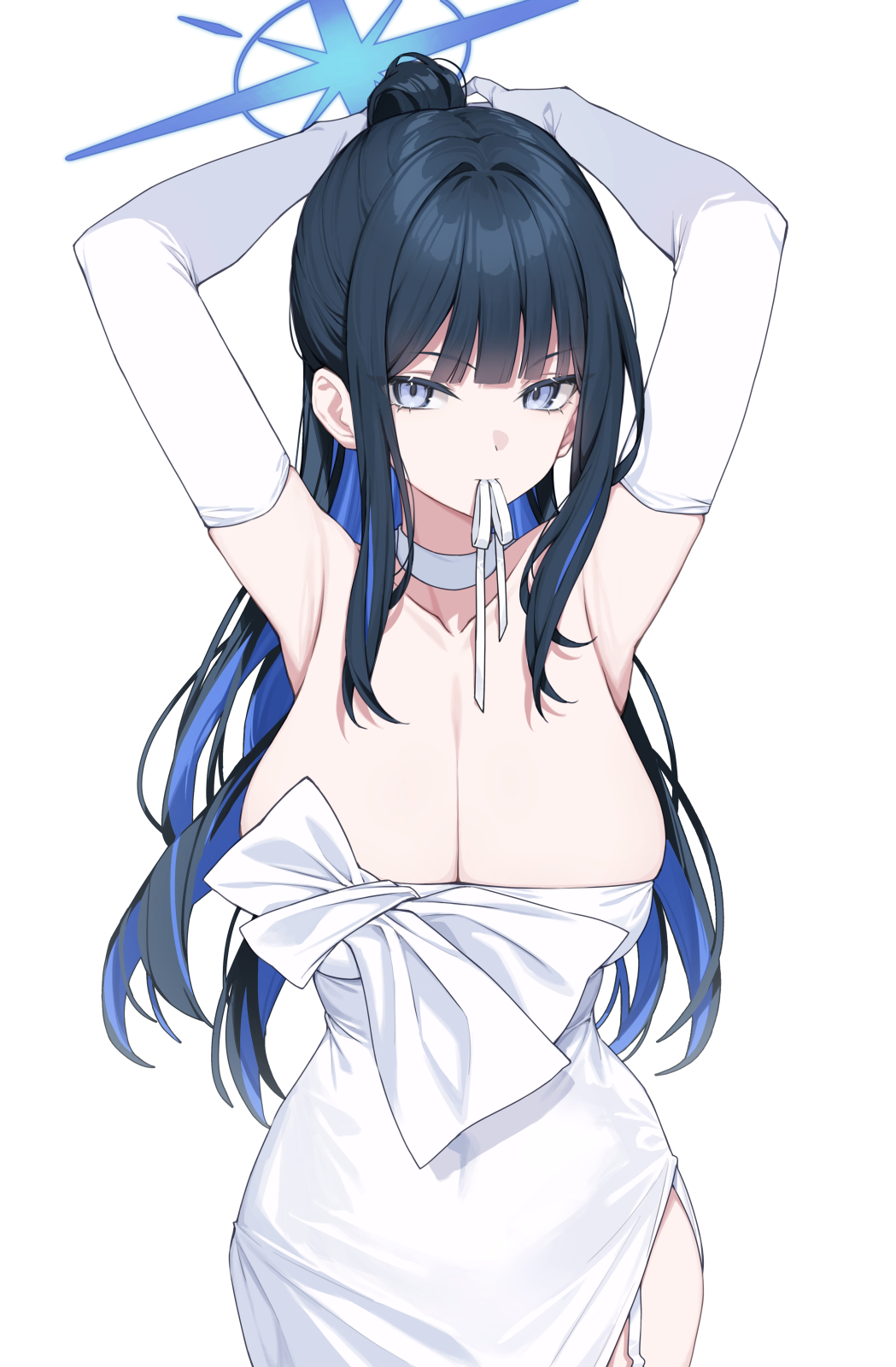arms_up bare_shoulders blue_archive blue_halo breasts bridal_gauntlets choker cleavage colored_inner_hair covered_navel dress elbow_gloves garter_straps gloves halo high_ponytail highres large_breasts long_hair looking_at_viewer mouth_hold multicolored_hair official_alternate_costume saori_(blue_archive) saori_(dress)_(blue_archive) simple_background strapless strapless_dress white_background white_bridal_gauntlets white_choker white_dress white_garter_straps white_gloves yuxian_youka