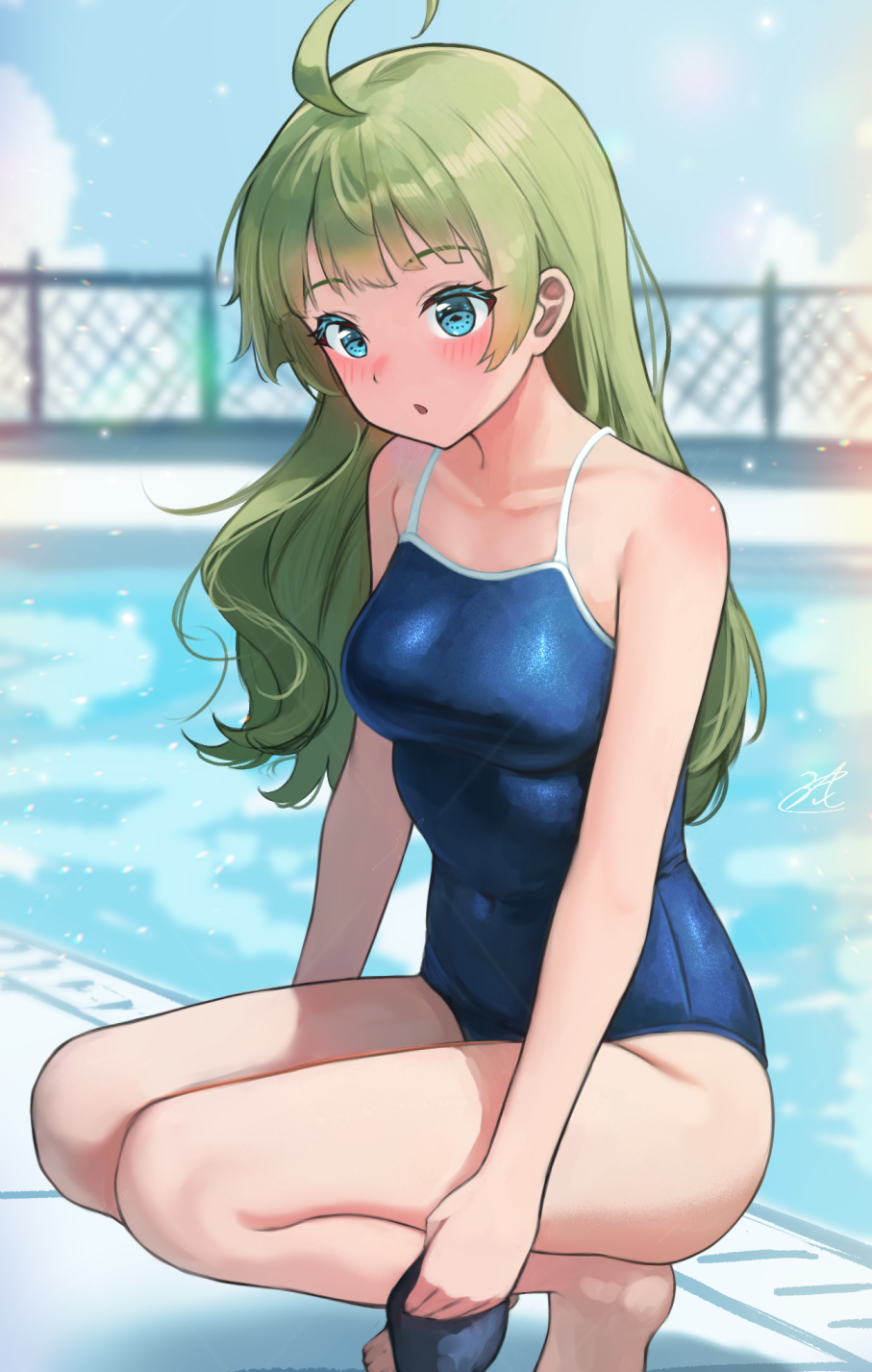 1girl :o ahoge bare_legs barefoot blue_one-piece_swimsuit blush breasts c_(theta) chain-link_fence collarbone covered_navel fence green_eyes green_hair hat highres holding holding_clothes holding_hat idolmaster idolmaster_million_live! looking_ahead medium_breasts one-piece_swimsuit pool poolside school_swimsuit shimabara_elena solo squatting swim_cap swimsuit tiptoes