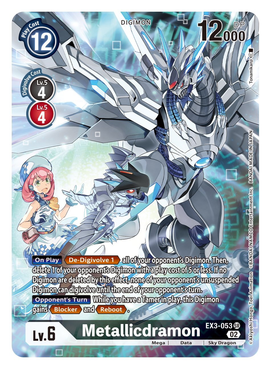 1girl bare_shoulders bird card_(medium) digimon digimon_(creature) digimon_card_game digimon_linkz dragon english_commentary english_text extra_mouth green_eyes hat highres jazamon kurihara_hina machinery mecha mechanical_wings metallicdramon official_art pink_hair red_eyes robot second-party_source short_hair sleeveless teeth tonami_kanji wings