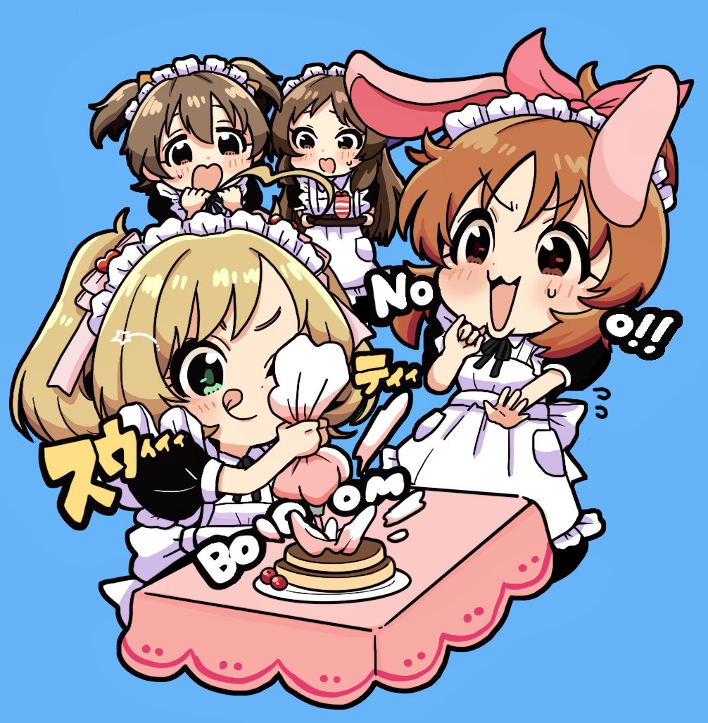 4girls abe_nana akagi_miria animal_ears apron black_ribbon blonde_hair blue_background brown_eyes brown_hair cake chibi commentary cropped_legs english_text flying_sweatdrops food frilled_apron frills furrowed_brow green_eyes hair_ornament heart heart_hair_ornament holding holding_tray icing idolmaster idolmaster_cinderella_girls licking_lips maid_apron maid_headdress multiple_girls neck_ribbon one_eye_closed open_mouth orange_hair pastry_bag pink_ribbon plate pocket puffy_short_sleeves puffy_sleeves rabbit_ears ribbon sato_shin short_sleeves simple_background star_(symbol) sweatdrop table tablecloth tachibana_arisu teriyaki_chop tongue tongue_out translated tray v-shaped_eyebrows white_apron