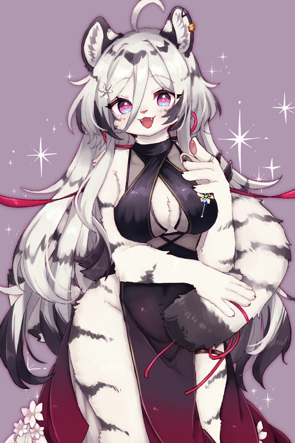 1girl ahoge an_choby animal_ear_fluff animal_ear_piercing animal_ears black_dress blush breasts cocktail_dress commentary_request covered_navel criss-cross_halter dress earrings fangs feet_out_of_frame flower furry furry_female grey_hair hair_flower hair_ornament halterneck hannah_(mahjong_soul) highres jewelry large_breasts long_bangs long_hair looking_at_viewer mahjong_soul open_mouth pelvic_curtain pink_eyes purple_background simple_background single_earring smile solo sparkle tail tail_wrap tiger_ears tiger_girl tiger_tail very_long_hair white_flower