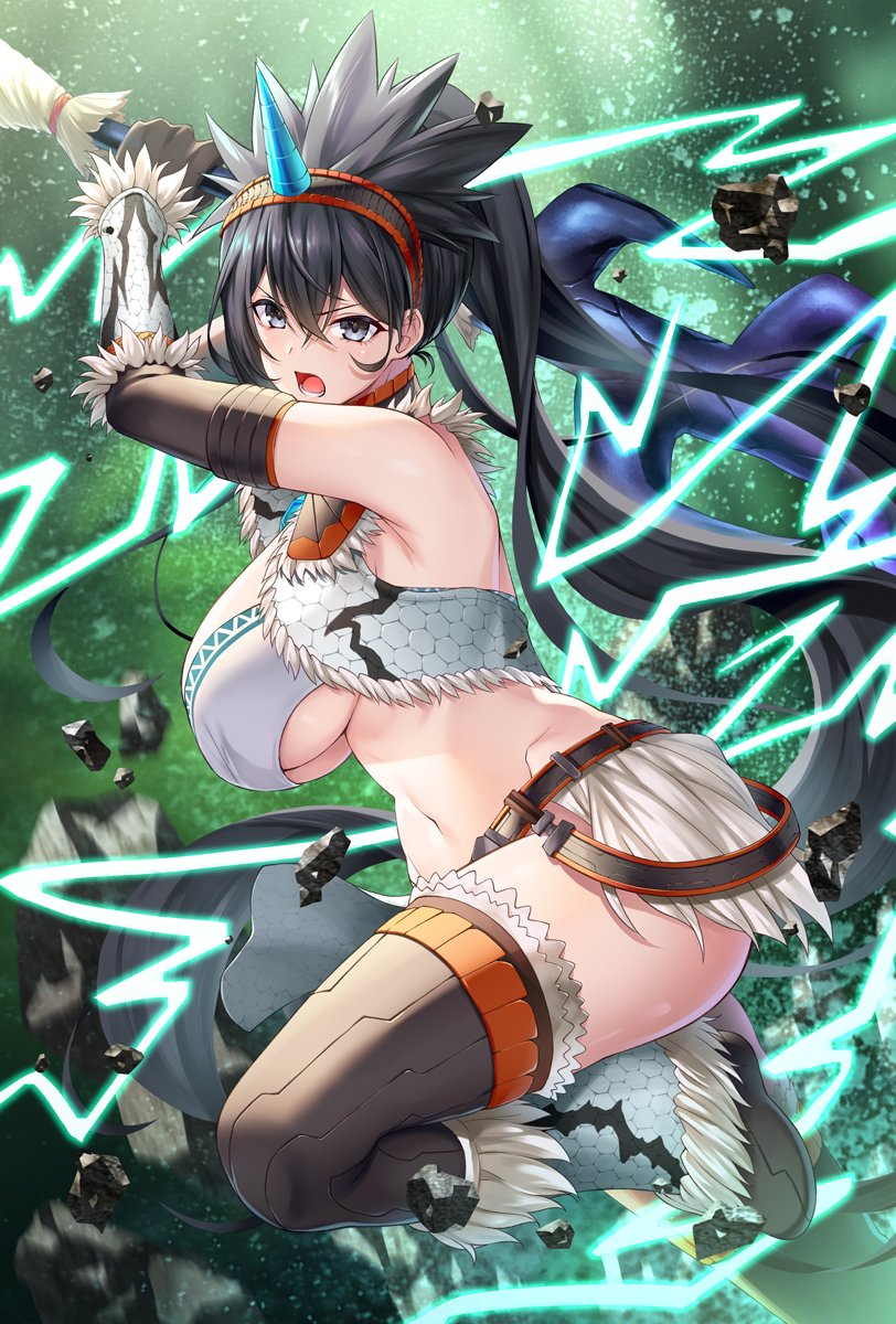 1girl arm_guards armor backless_outfit barbarian bare_shoulders black_hair boots bracelet breasts commission emanon123 fake_horns grey_eyes hair_ornament hairband highres holding holding_weapon horns jewelry kirin_(armor) large_breasts loincloth long_hair looking_at_viewer monster_hunter_(series) navel open_mouth original pelvic_curtain ponytail revealing_clothes skeb_commission solo stomach thighhighs tribal warrior weapon