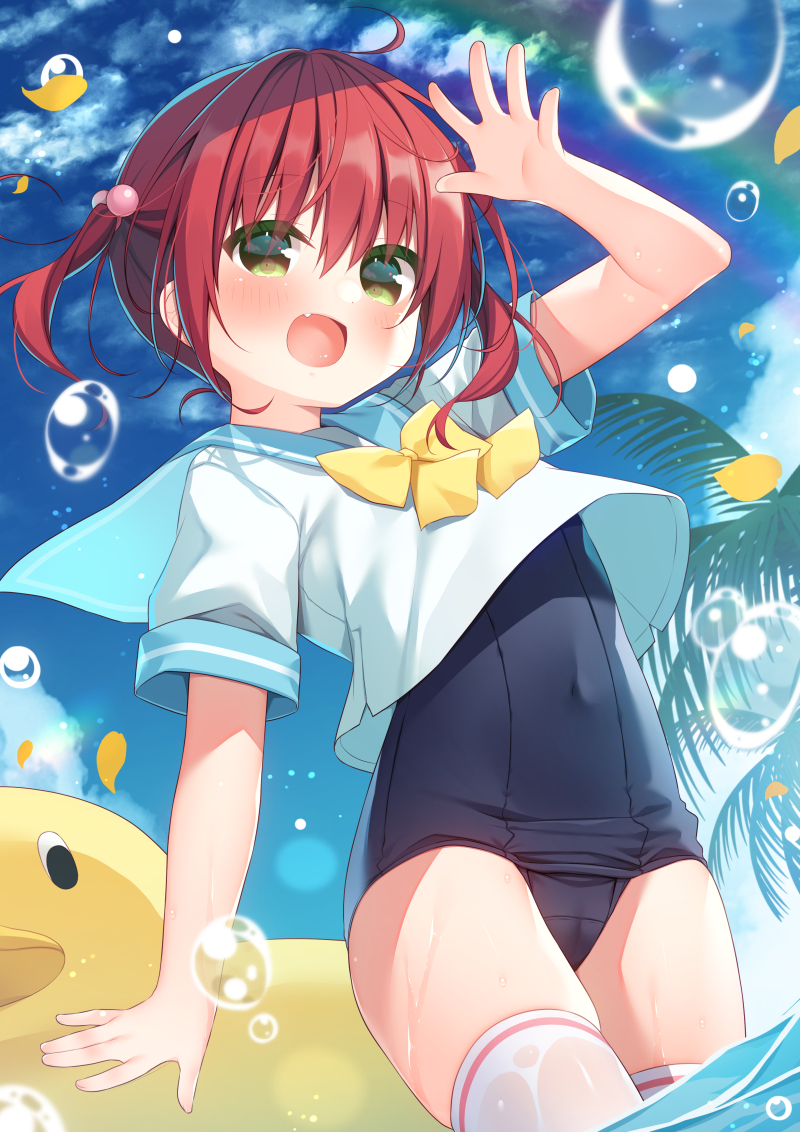 1girl :d arm_up blue_one-piece_swimsuit blue_sailor_collar blue_sky blush bow cloud commentary covered_navel day fang green_eyes hair_between_eyes hanamiya_natsuka looking_at_viewer old_school_swimsuit one-piece_swimsuit original outdoors palm_tree petals red_hair sailor_collar school_swimsuit shirt short_sleeves sky smile solo standing swimsuit swimsuit_under_clothes symbol-only_commentary thighhighs tree twintails water_drop white_shirt white_thighhighs yellow_bow