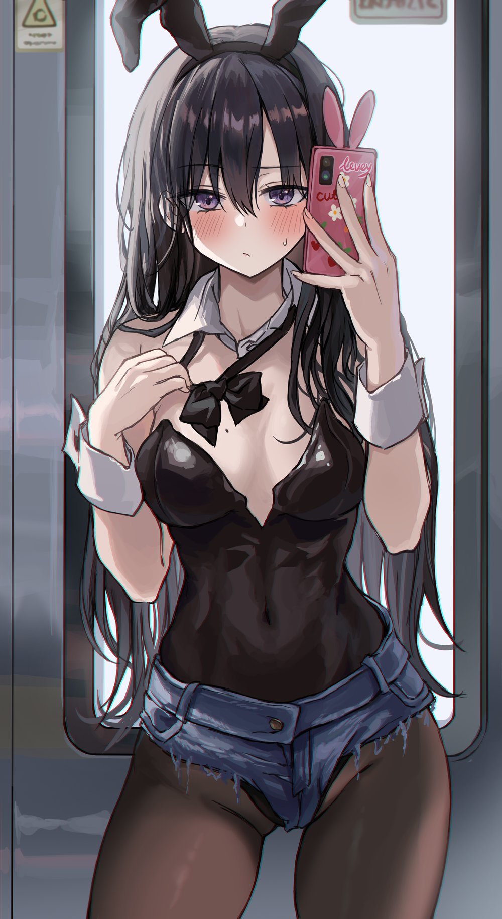 1girl :/ animal_ears black_bow black_bowtie black_hair black_leotard black_pantyhose blue_shorts blush bow bowtie breasts cellphone closed_mouth contrapposto covered_navel cowboy_shot denim denim_shorts detached_collar fake_animal_ears fingernails hair_between_eyes highres holding holding_phone iseya_chiyori_(saya) large_breasts leotard long_fingernails long_hair looking_at_viewer loose_bowtie mole mole_on_breast original pantyhose phone playboy_bunny purple_eyes rabbit_ears saya_(mychristian2) short_shorts shorts smartphone solo standing strapless strapless_leotard sweatdrop train_interior very_long_hair white_wrist_cuffs wrist_cuffs