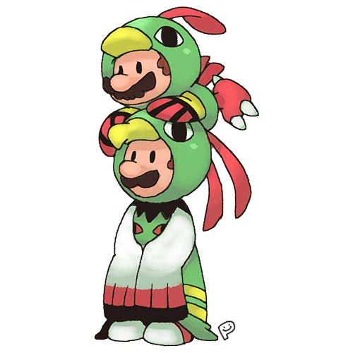 2boys animal_costume beak big_nose black_eyes brothers brown_hair character_request clawed_feet cosplay facial_hair full_body ghost-pepper green_robe long_sleeves looking_ahead lowres luigi male_focus mario mario_(series) multiple_boys mustache natu pokemon robe shoes short_hair siblings simple_background sitting sitting_on_head sitting_on_person solid_circle_eyes the_legend_of_zelda the_legend_of_zelda:_the_wind_waker white_background white_footwear white_sleeves xatu yellow_sleeves