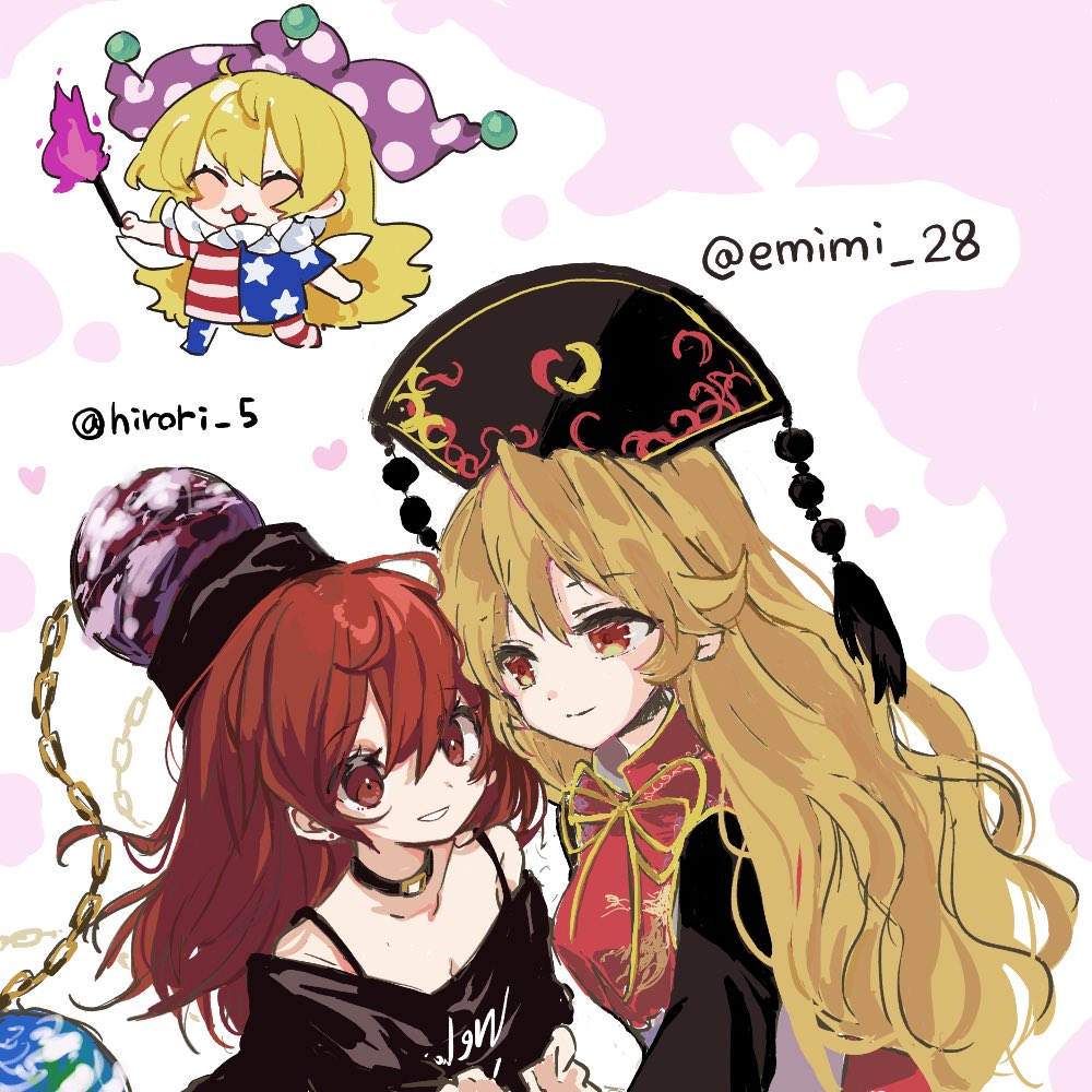 3girls american_flag_dress american_flag_legwear ayahi_4 black_choker black_dress black_shirt blonde_hair breasts chain chibi chinese_clothes choker clothes_writing clownpiece collaboration commentary_request crescent crescent_print dress earrings earth_(ornament) emimi_(emimi_28) fox_print gold_chain hair_between_eyes hat heart hecatia_lapislazuli holding holding_torch jester_cap jewelry junko_(touhou) long_hair long_sleeves medium_breasts medium_hair multiple_girls neck_ruff off-shoulder_shirt off_shoulder open_mouth phoenix_crown polka_dot polka_dot_headwear pom_pom_(clothes) purple_headwear red_eyes red_hair red_tabard shirt short_sleeves smile star_(symbol) star_print striped_clothes t-shirt tabard tassel torch touhou twitter_username underworld_(ornament) very_long_hair wide_sleeves wings yuri