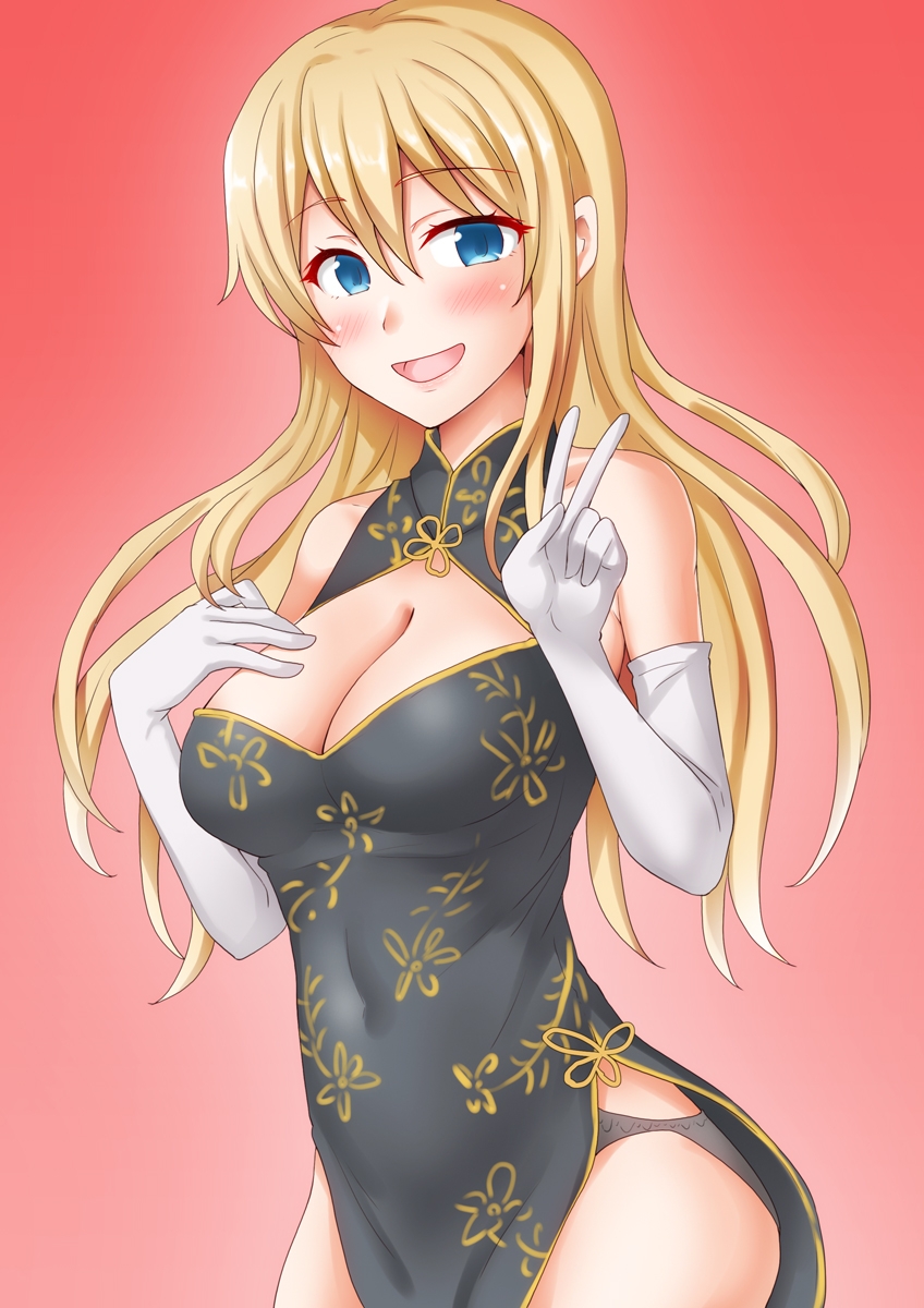 1girl anti_(untea9) atago_(kancolle) black_dress blonde_hair blush breasts china_dress chinese_clothes cleavage dress elbow_gloves gloves gradient_background green_eyes hand_on_own_chest highres kantai_collection large_breasts long_hair looking_at_viewer open_mouth pink_background smile solo white_gloves