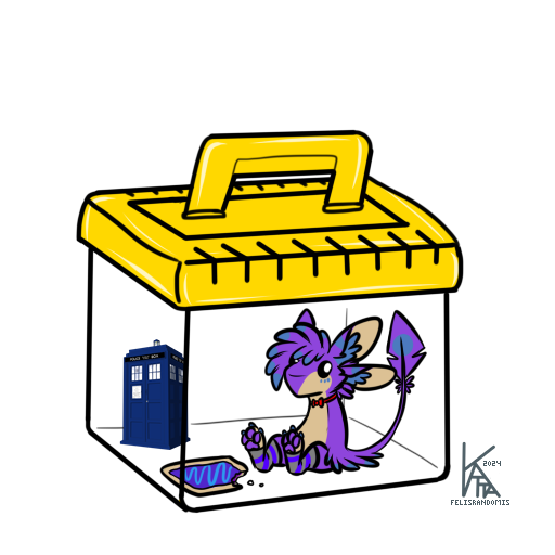 3_toes ambiguous_gender avali bow_tie cage chibi clothing doctor_who enclosure feet felisrandomis food legwear multi_ear pawpads pop-tarts solo tardis thigh_highs toes