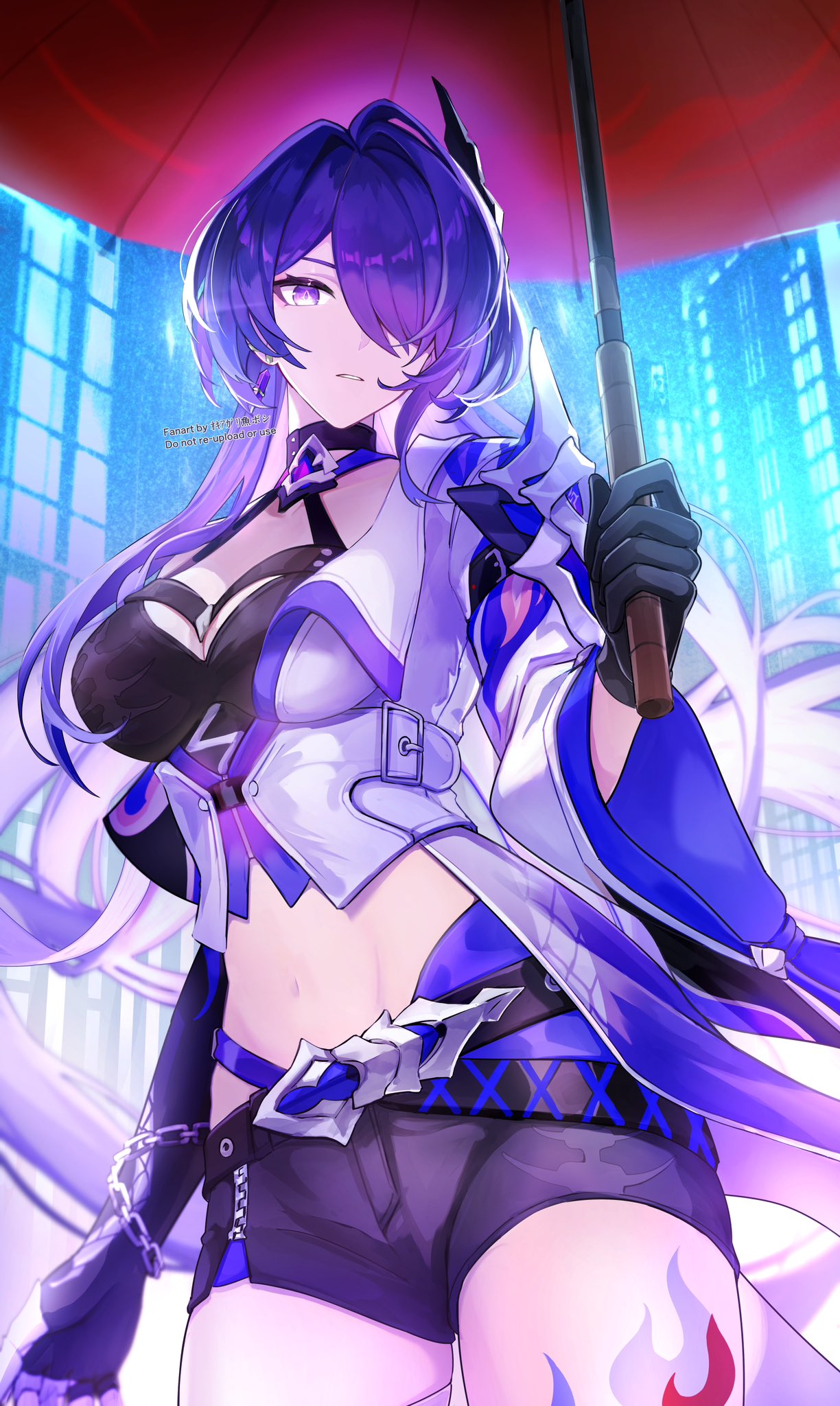 1girl acheron_(honkai:_star_rail) black_choker black_gloves black_shorts breasts chain choker cleavage coat coattails detached_sleeves earrings gloves hair_over_one_eye hand_up highres holding holding_umbrella honkai:_star_rail honkai_(series) jewelry leg_tattoo long_hair looking_at_viewer midriff multicolored_hair navel oil-paper_umbrella okkobc purple_eyes purple_hair short_shorts shorts single_bare_shoulder single_earring solo stomach streaked_hair tattoo thigh_gap umbrella white_coat