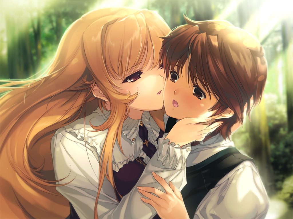 1boy 1girl brown_eyes brown_hair dress game_cg green_vest hand_on_another's_cheek hand_on_another's_face imminent_kiss kamishiro_kotone mamoru_(oyako_rankan) min-naraken open_mouth orange_hair outdoors oyako_rankan red_dress surprised vest