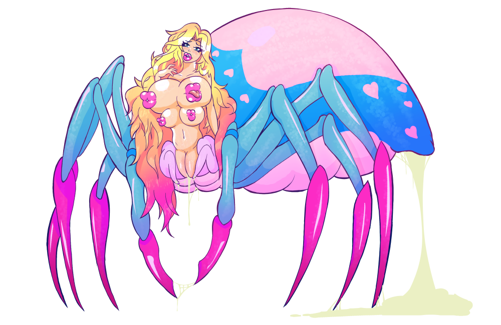 2021 4_breasts arachne arachnid arachnid_taur arthropod arthropod_taur big_breasts bimbofication bimbofied blonde_hair blue_eyes blush bodily_fluids breasts colored digital_drawing_(artwork) digital_media_(artwork) drider dungeons_and_dragons european_mythology female genital_fluids genitals greek_mythology hair hasbro heart_(marking) lips lipstick makeup markings multi_breast mythology navel nipple_mouth nude pink_hair_tips pink_lips pink_lipstick plump_labia pussy shaded sludgelady small_waist solo spider spider_taur spider_web taur thick_lips wizards_of_the_coast