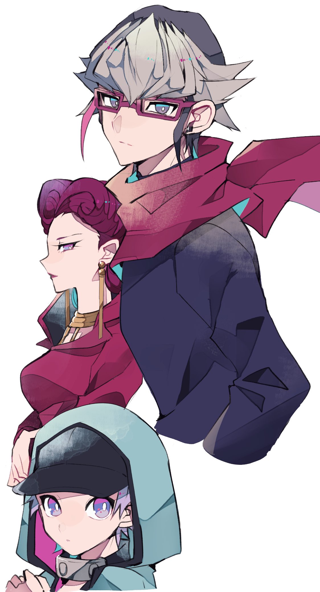 1boy 2girls akaba_himika akaba_reiji akaba_reira baseball_cap black_hat blue_shirt brother_and_sister dress family glasses grey_hair hat highres hood hood_up long_hair mother_and_daughter mother_and_son multiple_girls purple_eyes purple_hair red_dress red_hair red_scarf scarf shirt short_hair siblings simple_background spiked_hair tasutekete white_background yu-gi-oh! yu-gi-oh!_arc-v