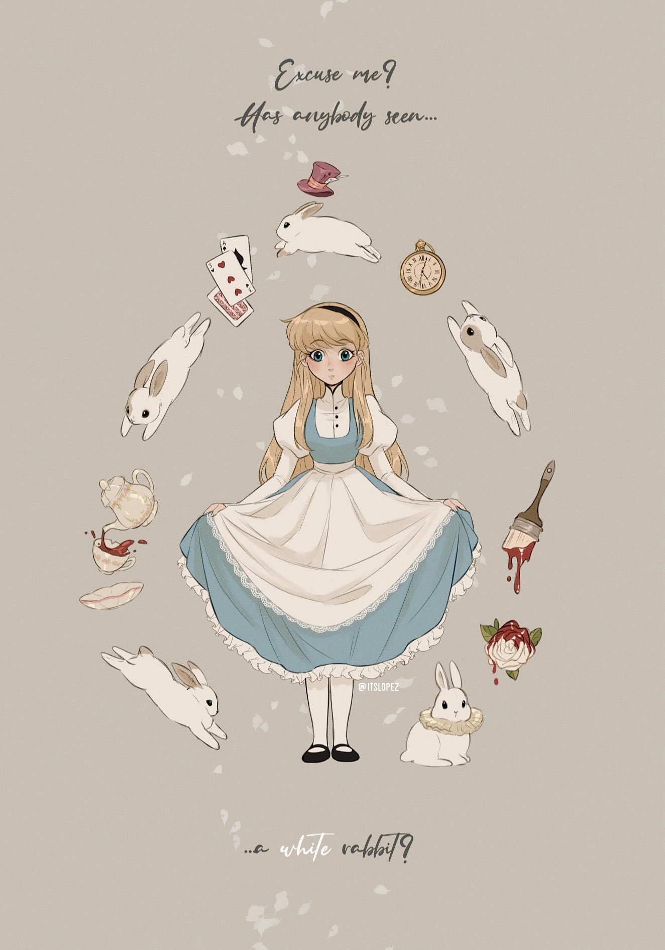 1girl alice_(alice_in_wonderland) alice_in_wonderland artist_name black_footwear blonde_hair blue_dress blue_eyes card cup dress english_text flower full_body grey_background highres itslopezz long_hair looking_at_viewer paint_splatter paintbrush pantyhose playing_card rabbit rose shoes simple_background standing teacup two-tone_dress white_dress white_flower white_pantyhose white_rose