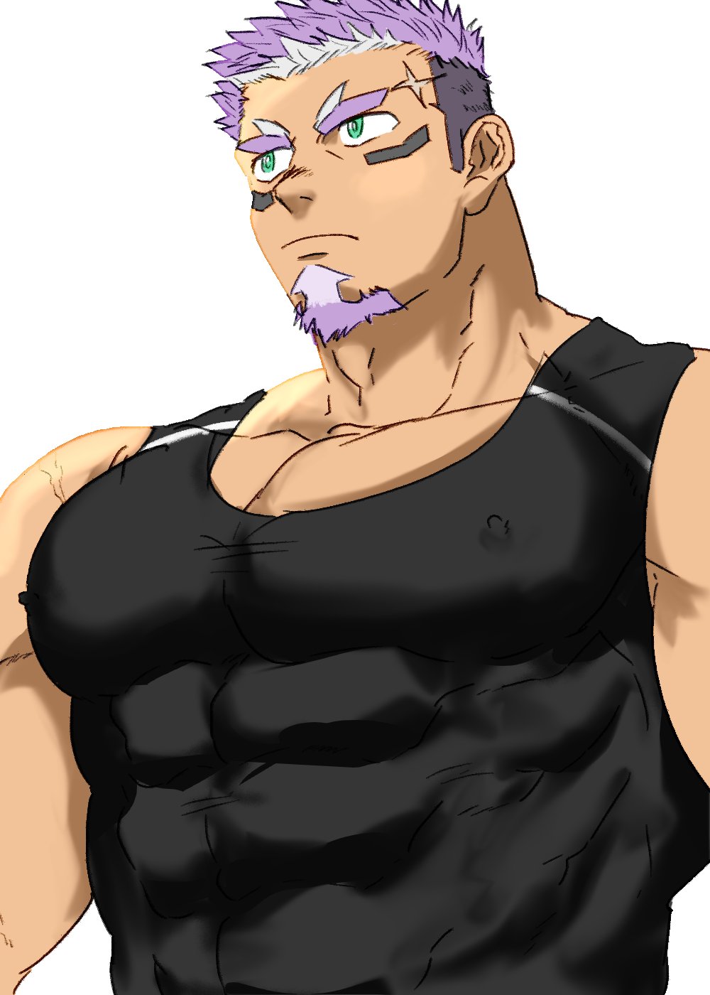 1boy bara black_tank_top covered_nipples dark-skinned_male dark_skin facial_hair fugur6_fugur9 goatee highres large_pectorals live_a_hero looking_ahead male_focus medium_sideburns muscular muscular_male pectoral_cleavage pectorals purple_hair sanpaku scar scar_on_face scar_on_forehead shaft_(live_a_hero) short_hair solo tank_top thick_eyebrows thick_thighs thighs two-tone_beard upper_body