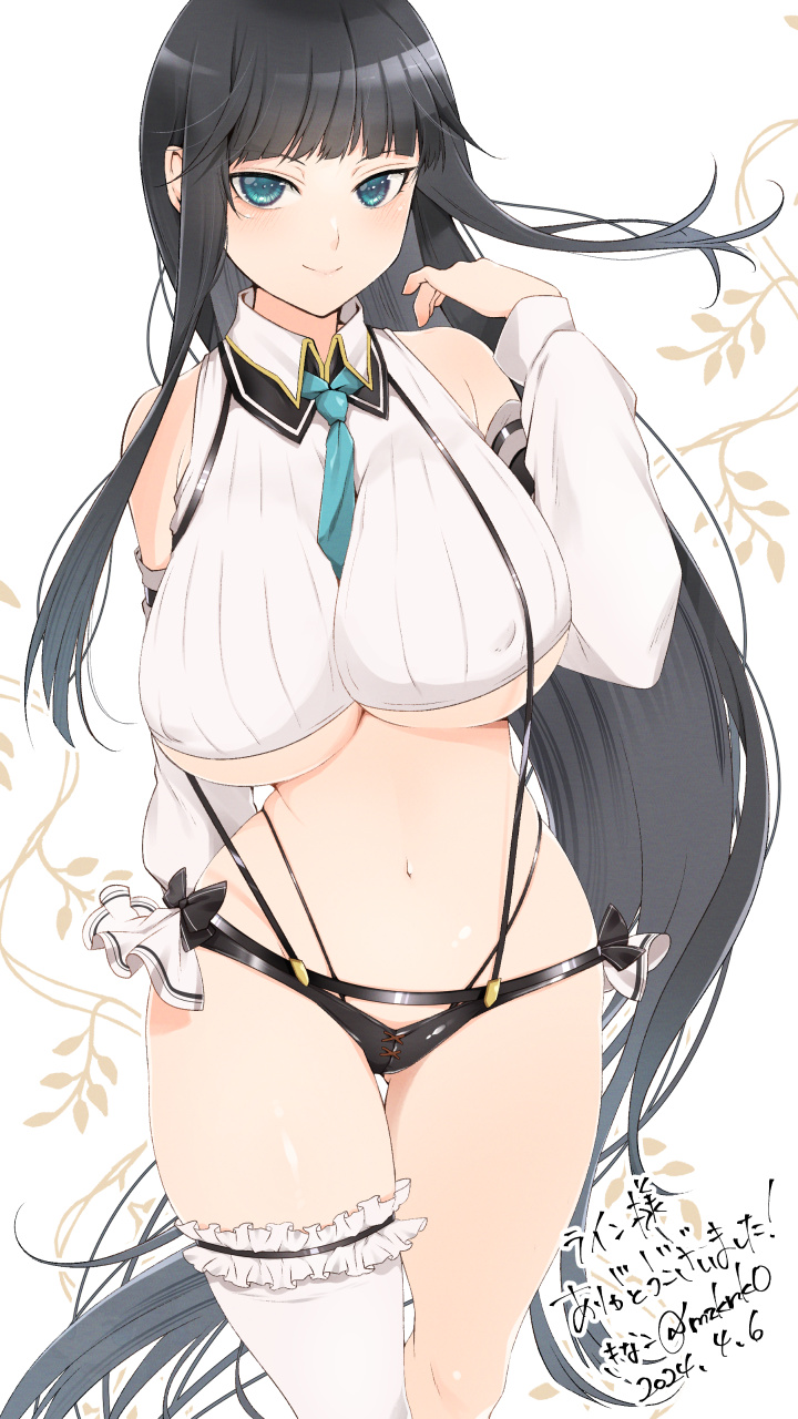 1girl arm_behind_back arm_over_shoulder black_hair blue_eyes blue_necktie bow breasts closed_mouth collared_shirt commentary commission covered_nipples crop_top detached_sleeves floral_background frills highres hime_cut ikaruga_(senran_kagura) kinako_(mzknk0) large_breasts light_blush long_hair looking_at_viewer navel necktie senran_kagura shirt short_shorts shorts simple_background single_thighhigh skeb_commission skindentation smile solo suspenders thighhighs thong underboob white_background