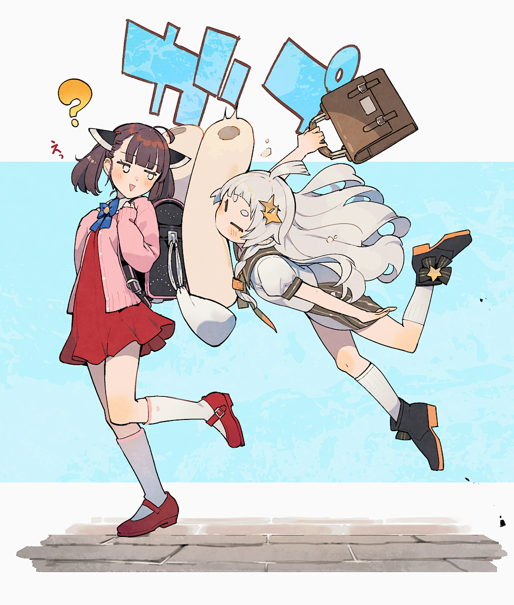 2girls ? a.i._voice ahoge backpack bag black_footwear blue_bow blue_bowtie blush bow bowtie brown_hair brown_sailor_collar camisole camisole_over_clothes commentary_request dress falling footwear_bow full_body grey_hair handbag headgear highres holding holding_bag jitome kiritanpo_(food) kizuna_akari kizuna_akari_(tsubomi) kneehighs looking_at_another looking_back mary_janes multiple_girls pink_camisole puffy_short_sleeves puffy_sleeves red_dress red_footwear sailor_collar sailor_shirt school_bag shirinda_fureiru shirt shoes short_sleeves slipping socks sparkle_hair_ornament thick_eyebrows touhoku_kiritan triangle_mouth voiceroid white_shirt white_socks
