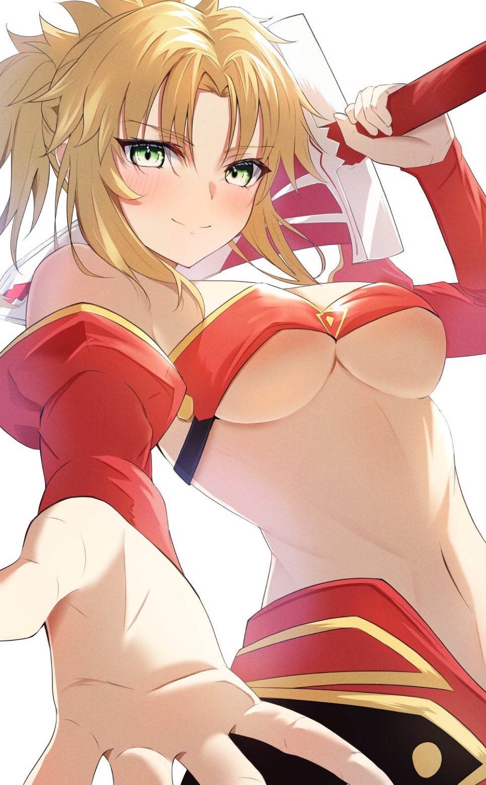 1girl bare_shoulders blonde_hair braid breasts clarent_(fate) fate/grand_order fate_(series) french_braid green_eyes highres holding holding_sword holding_weapon long_hair looking_at_viewer medium_breasts mordred_(fate) navel parted_bangs ponytail sidelocks simple_background smile solo sword umi_endu weapon