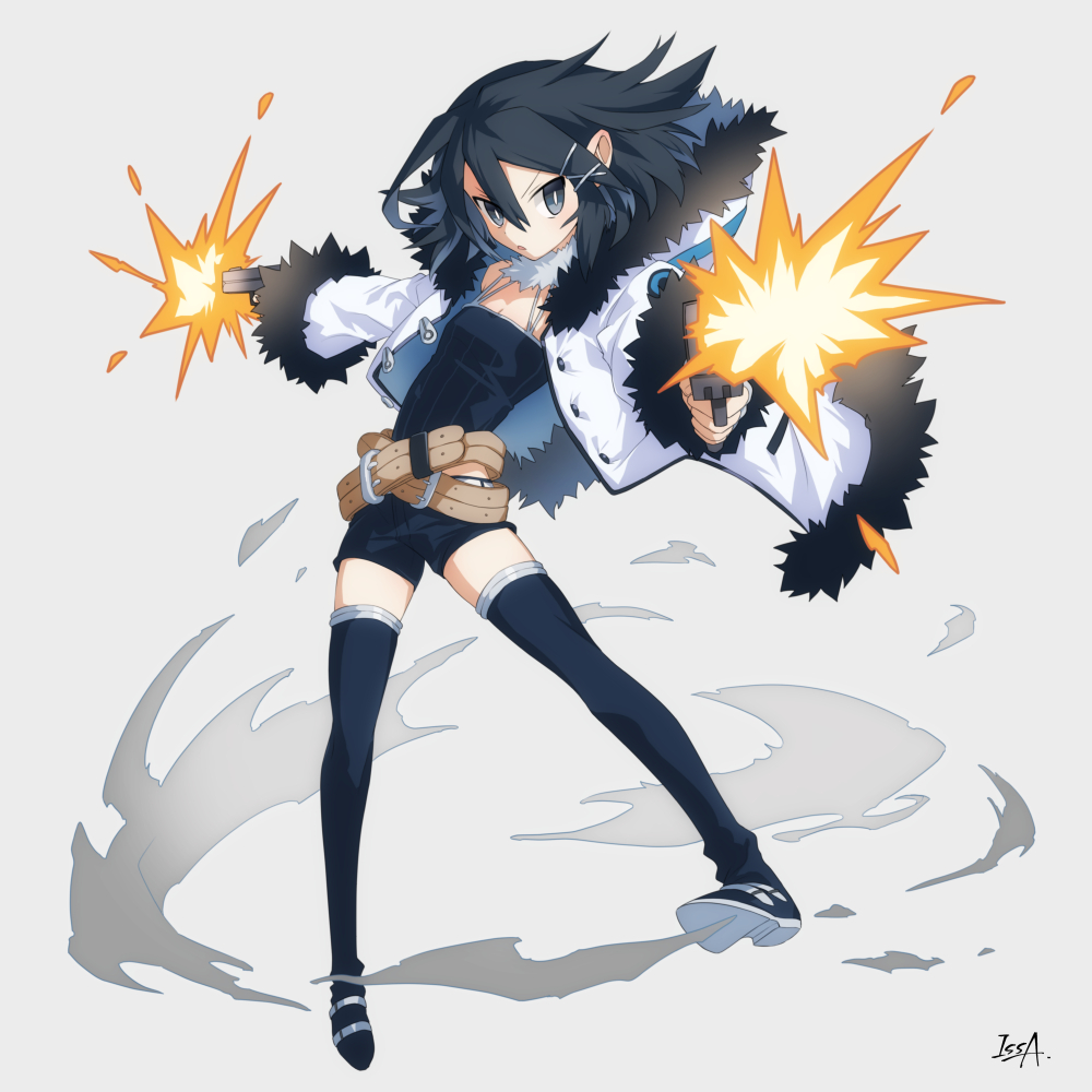 1girl asagiri_asagi belt black_eyes black_hair boots coat disgaea dual_wielding fur_trim gun hair_ornament hairclip holding holding_gun holding_weapon issa_(sorako45) jacket parted_lips short_hair shorts solo thighhighs weapon white_background