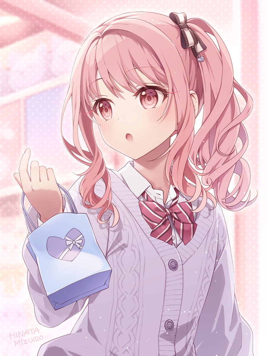 1other akiyama_mizuki bag blush bow bowtie cardigan collared_shirt hair_ribbon highres hinata_mizuiro holding holding_bag long_hair long_sleeves looking_to_the_side open_mouth pink_eyes pink_hair project_sekai ribbon shirt side_ponytail solo striped_bow striped_bowtie striped_clothes upper_body