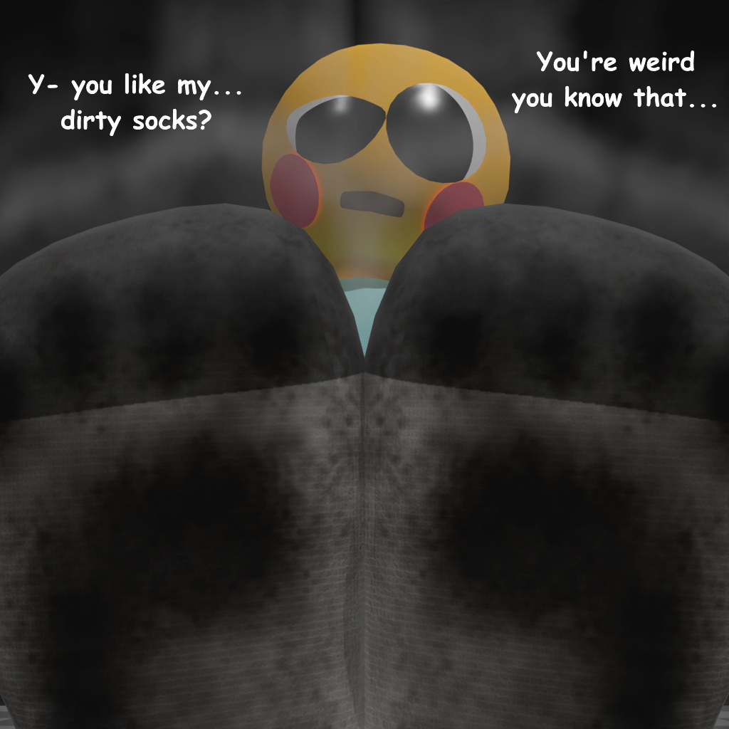 clothing colonthreeguy dialogue dirty dirty_socks emoji feet first_person_view flushed flushed_emoji foot_focus footwear girly looking_at_pov looking_at_viewer looking_down sockfetish socks socksfetish thick_thighs
