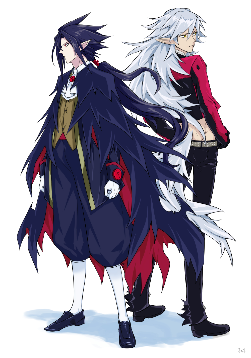 2boys cape disgaea fenrich_(disgaea) full_body gloves hair_between_eyes highres issa_(sorako45) long_hair makai_senki_disgaea_4 male_focus multiple_boys pants pointy_ears ponytail red_eyes shoes valvatorez_(disgaea) werewolf white_background white_gloves yellow_eyes