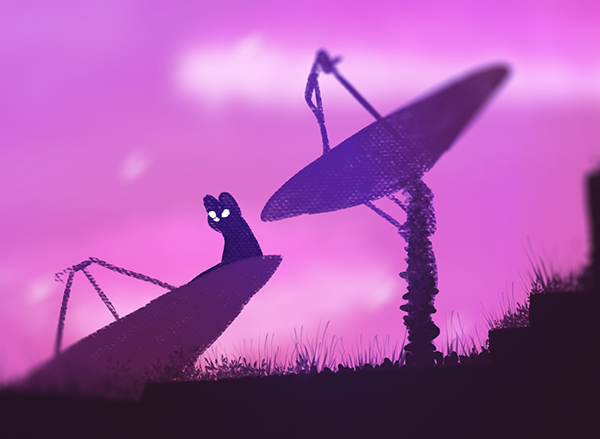 ambiguous_gender blurred_foreground cloud feral kayw2324 nightcat_(rain_world) overgrown pink_sky plant rain_world satellite satellite_dish silhouette simple_background sitting sky skyscape slugcat_(rain_world) solo videocult vines white_eyes white_nose