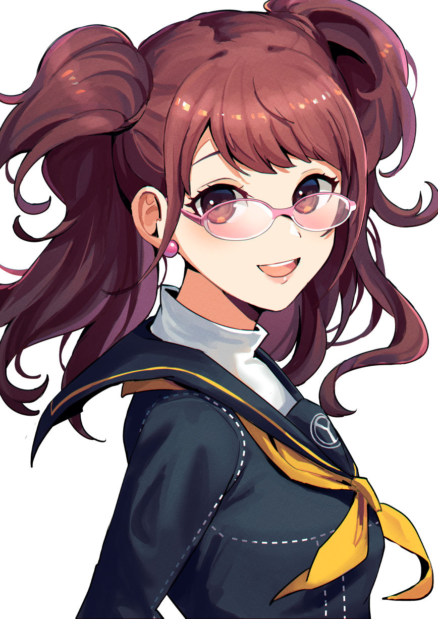 1girl :d black_sailor_collar black_shirt blush breasts brown_eyes brown_hair commentary earrings eyebrows_hidden_by_hair eyelashes from_side glasses happy highres jewelry kujikawa_rise kuki_tan lips long_hair looking_at_viewer neckerchief open_mouth persona persona_4 pink-framed_eyewear round_teeth sailor_collar school_uniform serafuku shirt simple_background small_breasts smile solo swept_bangs teeth tsurime two_side_up upper_body upper_teeth_only wavy_hair white_background yasogami_school_uniform yellow_neckerchief