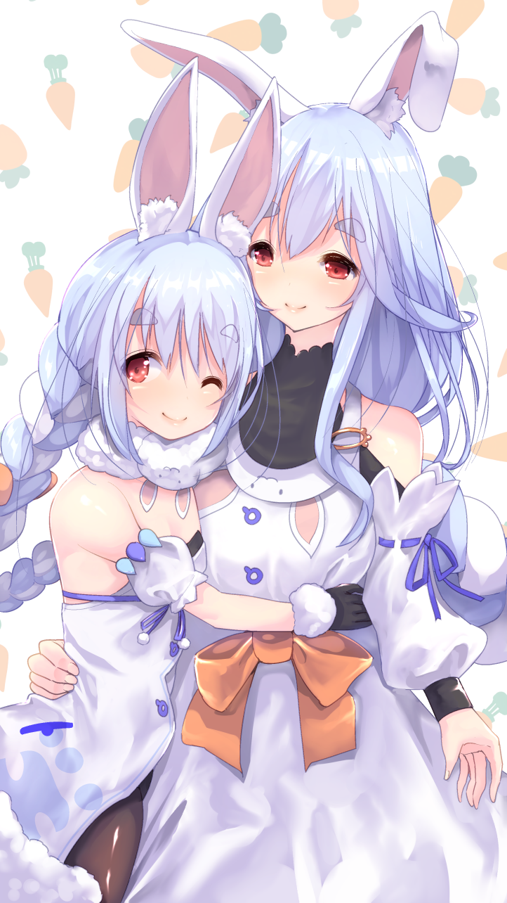 2girls animal_ear_fluff animal_ears arm_around_waist black_bodysuit black_gloves black_leotard black_pantyhose blue_hair bodysuit braid braided_ponytail detached_sleeves don-chan_(usada_pekora) dress fur-trimmed_dress fur-trimmed_gloves fur_trim gloves highres hololive hug leotard leotard_under_clothes long_hair looking_at_viewer mature_female mother_and_daughter multicolored_hair multiple_girls one_eye_closed pantyhose pekomama rabbit_ears rabbit_girl red_eyes short_eyebrows smile streaked_hair twin_braids usada_pekora usada_pekora_(1st_costume) usapenpen2019 virtual_youtuber white_dress white_hair white_sleeves