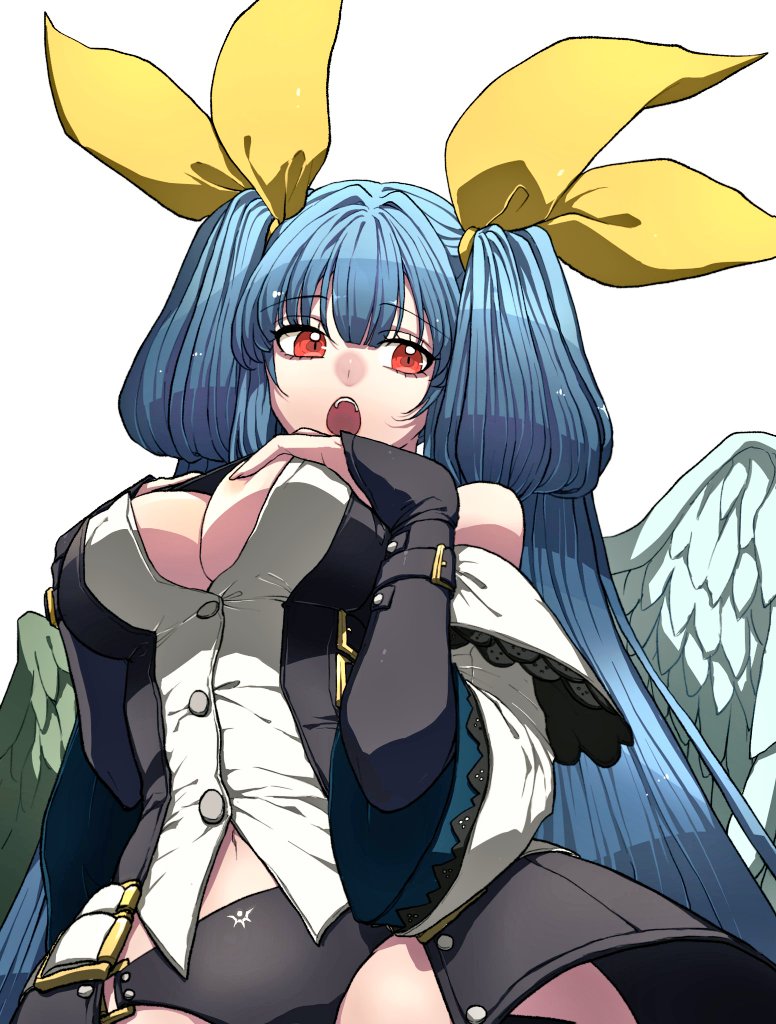 1girl angel_wings asymmetrical_wings bare_shoulders black_panties blue_hair breasts cleavage detached_sleeves dizzy_(guilty_gear) ebi_pri_shrimp feathered_wings green_wings guilty_gear guilty_gear_xrd guilty_gear_xx hair_between_eyes hair_ribbon hair_rings large_breasts long_hair looking_at_viewer monster_girl navel panties red_eyes ribbon underwear white_sleeves white_wings wide_sleeves wings yellow_ribbon