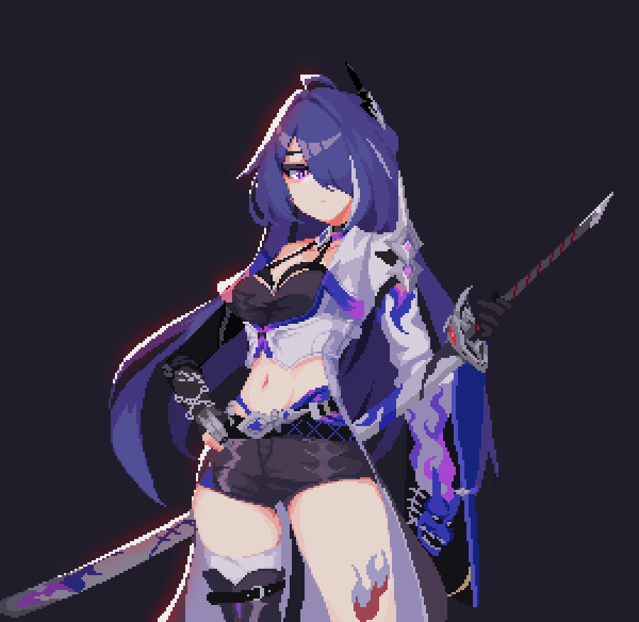 1girl acheron_(honkai:_star_rail) asymmetrical_footwear black_background black_choker black_gloves black_shorts boots chain choker coat coattails detached_sleeves diuippr gloves hair_over_one_eye hand_on_own_hip holding holding_sword holding_weapon honkai:_star_rail honkai_(series) leg_tattoo long_hair midriff multicolored_hair navel pixel_art pixelated purple_eyes purple_hair scabbard sheath sheathed short_shorts shorts single_bare_shoulder solo stomach streaked_hair sword tattoo thigh_boots thigh_gap weapon white_coat