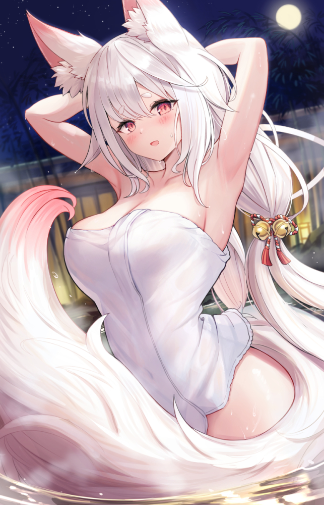 1girl animal_ear_fluff animal_ears armpits arms_behind_head arms_up bamboo bare_arms bare_shoulders bell blush breasts cleavage collarbone commentary_request fence full_moon hair_bell hair_between_eyes hair_ornament jingle_bell large_breasts long_hair moon naked_towel night night_sky original outdoors red_eyes sakura_ani short_eyebrows sky solo tail thick_eyebrows towel very_long_hair water