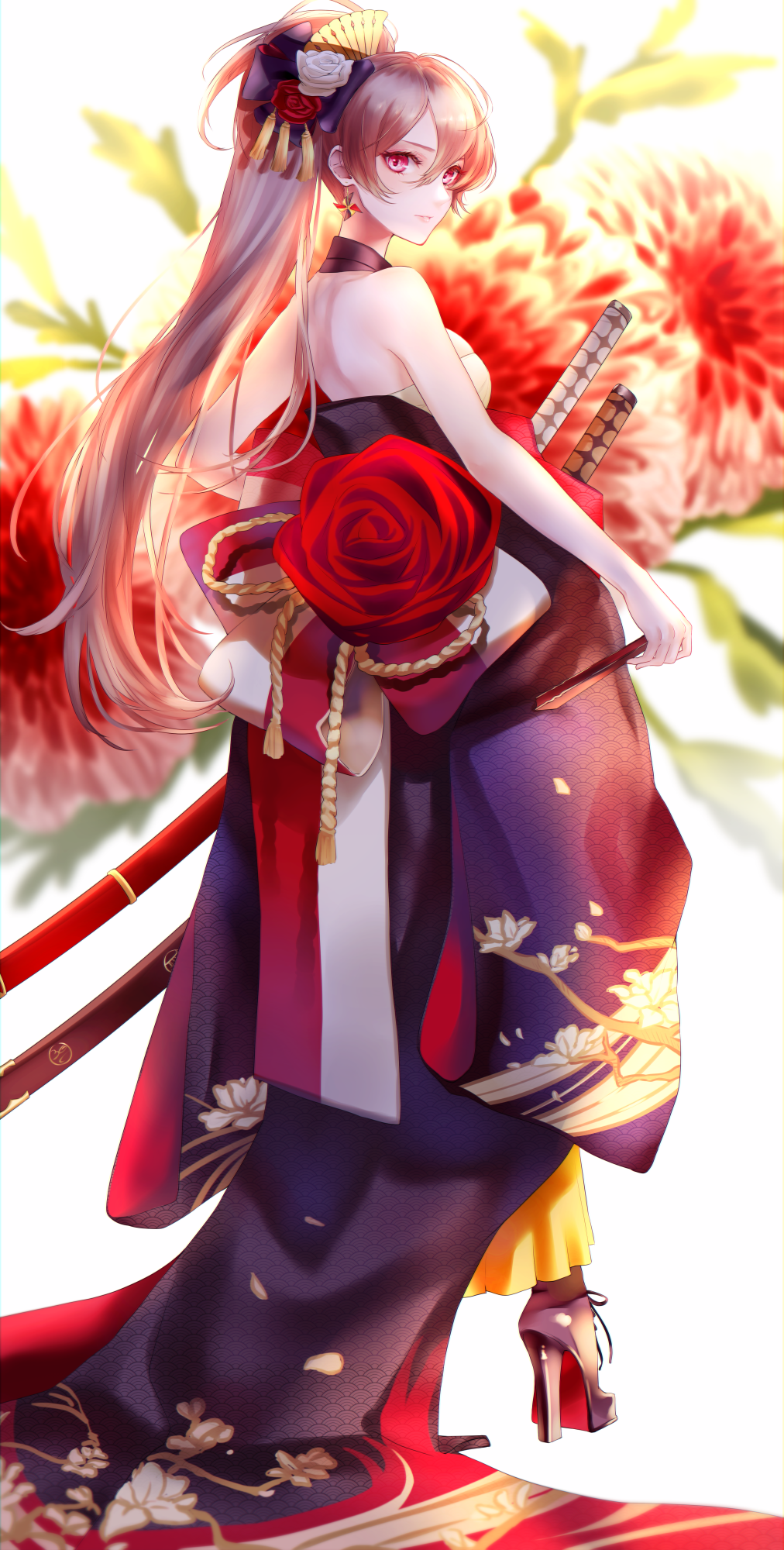 1girl azur_lane bare_shoulders brown_hair floral_background flower from_side full_body high_heels highres japanese_clothes jean_bart_(azur_lane) jean_bart_(first_snow_upon_the_cutlass's_edge)_(azur_lane) katana kimono looking_to_the_side necomilk ponytail print_kimono red_eyes red_flower scabbard sheath standing sword weapon