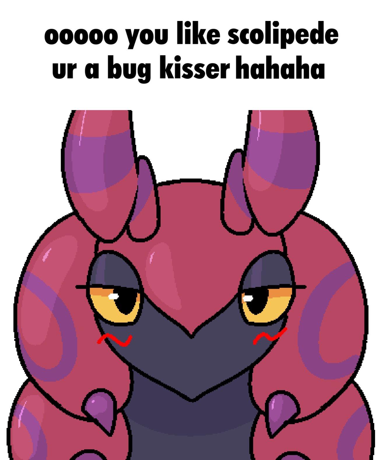 ambiguous_gender blush blush_lines boy_kisser_(meme) feral generation_5_pokemon hi_res looking_at_viewer meme nintendo pokemon pokemon_(species) scolipede simple_background solo text unknown_artist