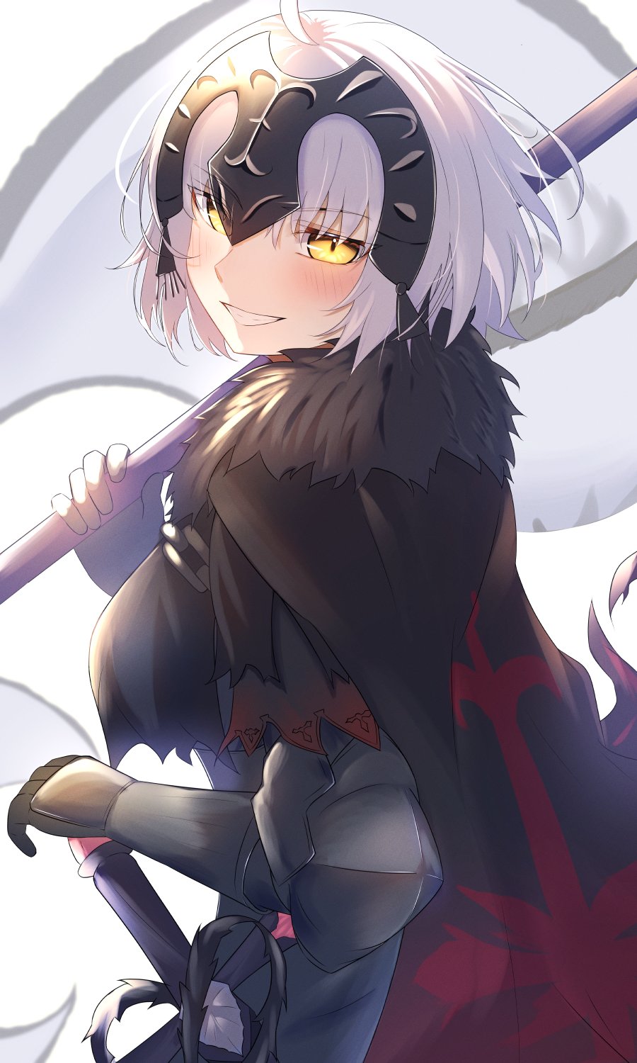 1girl ahoge armor armored_dress black_dress black_thighhighs blush breasts cape chain dress fate/grand_order fate_(series) fur_trim gauntlets headpiece highres holding jeanne_d'arc_alter_(avenger)_(fate) jeanne_d'arc_alter_(avenger)_(first_ascension)_(fate) jeanne_d'arc_alter_(fate) large_breasts looking_at_viewer short_hair smile solo sword thighhighs umi_endu weapon white_hair yellow_eyes
