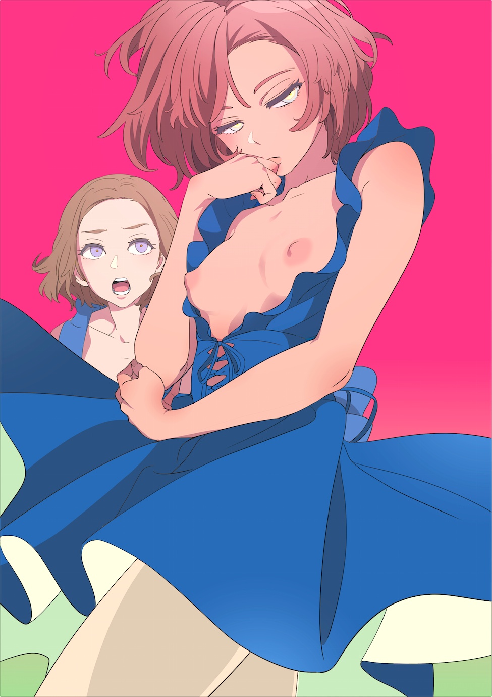 2girls blue_dress breasts breasts_outside brown_hair closed_mouth commentary_request dress frilled_dress frills half-closed_eyes hand_to_own_mouth highres mebae multiple_girls nipples no_bra open_mouth original pantyhose pink_background purple_eyes red_eyes short_hair small_breasts teeth white_legwear yellow_eyes