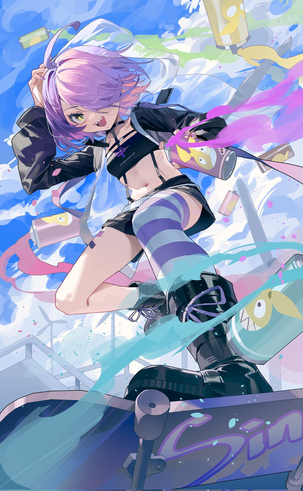 1girl :d ahoge benghuai_xueyuan black_footwear black_jacket black_shorts black_tube_top blue_sky boots cloud cloudy_sky dress full_body hair_over_one_eye highres holding homu_(honkai_impact) honkai_(series) jacket looking_at_viewer multicolored_hair open_clothes open_jacket open_mouth outdoors pink_hair purple_dress purple_thighhighs sharp_teeth shorts sin_mal sin_mal0909 single_thighhigh skateboard sky smile solo standing standing_on_one_leg strapless striped_clothes striped_thighhighs teeth thighhighs tube_top two-tone_hair white_thighhighs yellow_eyes
