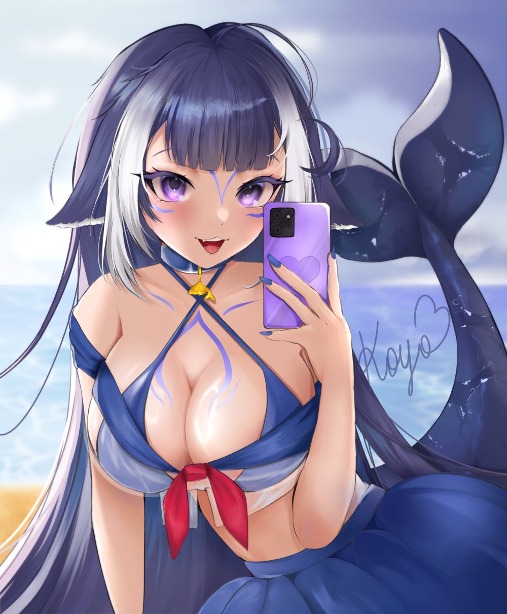 1girl animal_ears black_hair blue_collar breasts cetacean_tail chest_markings collar facial_tattoo fins fish_tail highres indie_virtual_youtuber koyonee long_hair looking_at_viewer orca_girl purple_eyes shylily shylily_(bikini) smile swimsuit tail tattoo virtual_youtuber white_hair