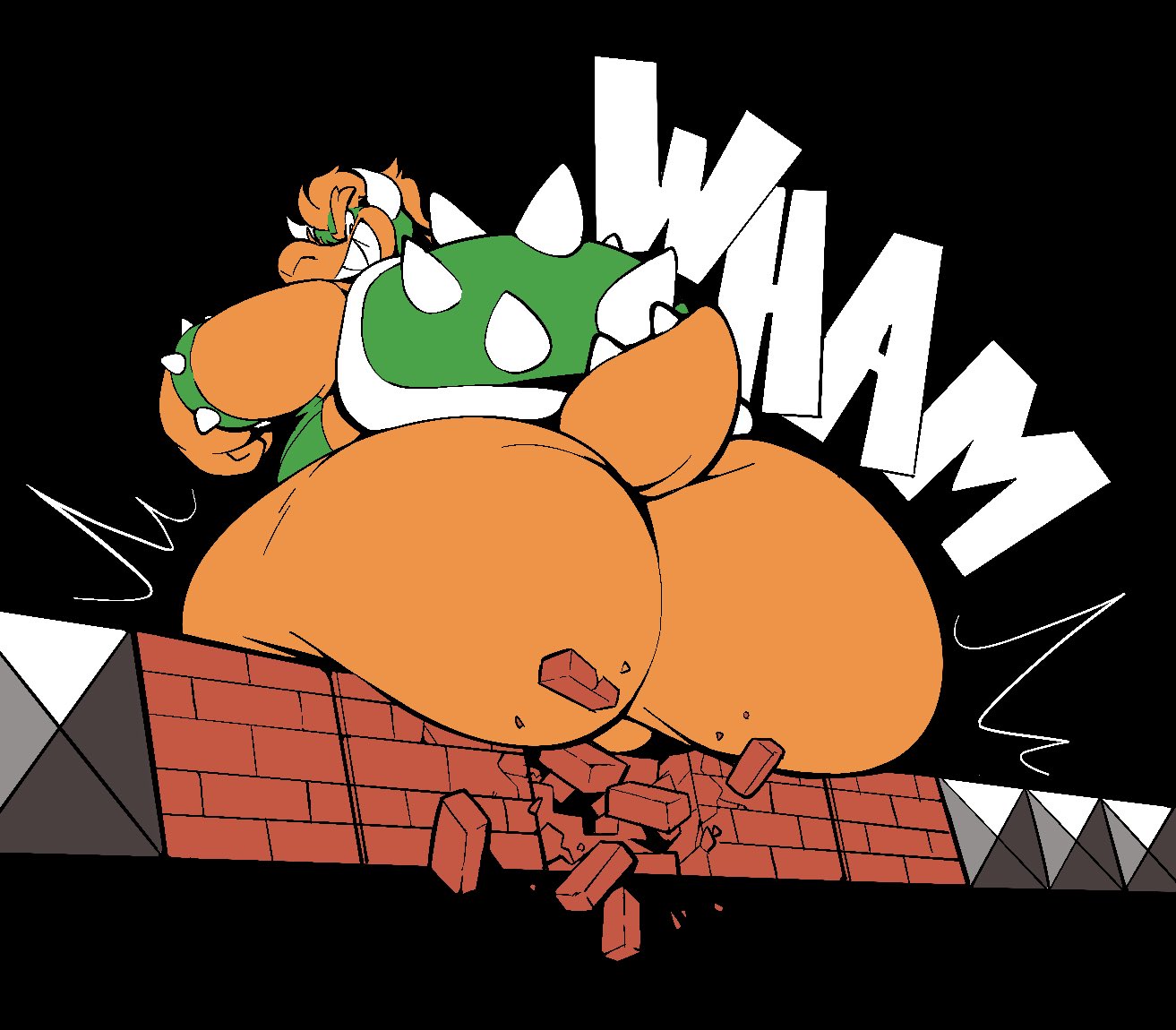 2020 anthro balls barely_visible_balls barely_visible_genitalia big_butt boot_(artist) bowser bracelet butt butt_slam genitals hair jewelry koopa looking_back male mario_bros nintendo orange_body orange_hair scalie shell solo sound_effects spiked_bracelet spiked_shell spikes spikes_(anatomy) super_mario_bros._3 toothy_grin