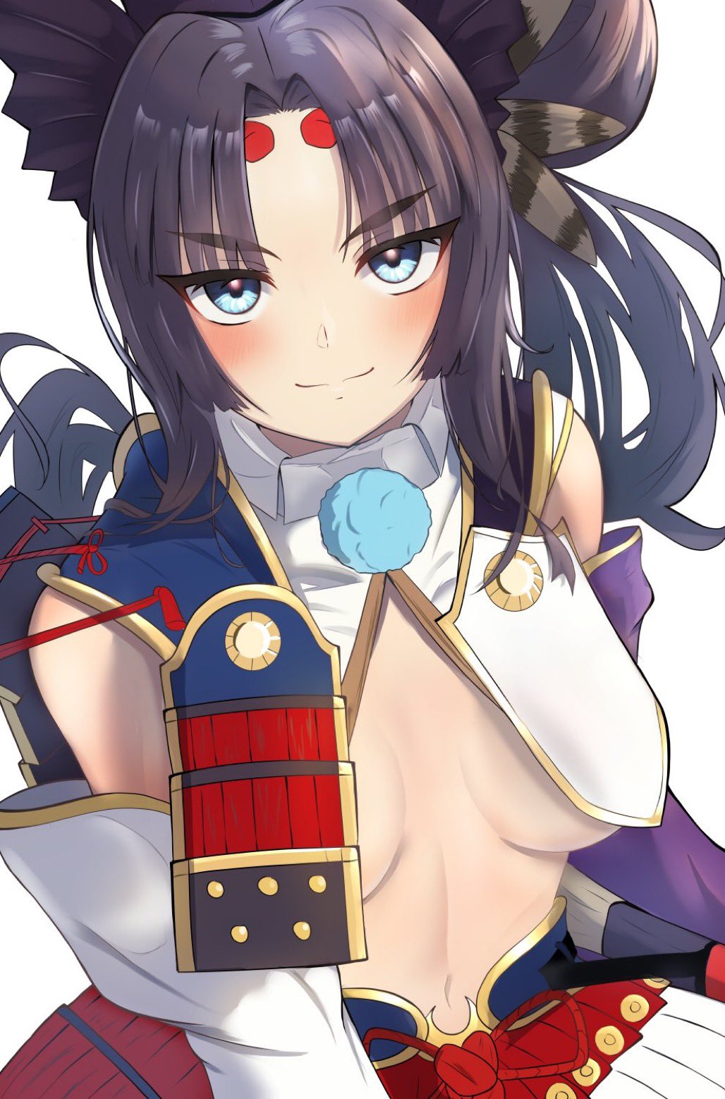 1girl armor asymmetrical_sleeves black_hair blue_eyes blush breast_curtains breasts detached_sleeves fate/grand_order fate_(series) feather_hair_ornament feathers hair_ornament highres japanese_armor kusazuri linea_alba long_hair looking_at_viewer medium_breasts mismatched_sleeves navel parted_bangs purple_sleeves revealing_clothes showgirl_skirt side_ponytail smile solo umi_endu ushiwakamaru_(fate) very_long_hair white_sleeves