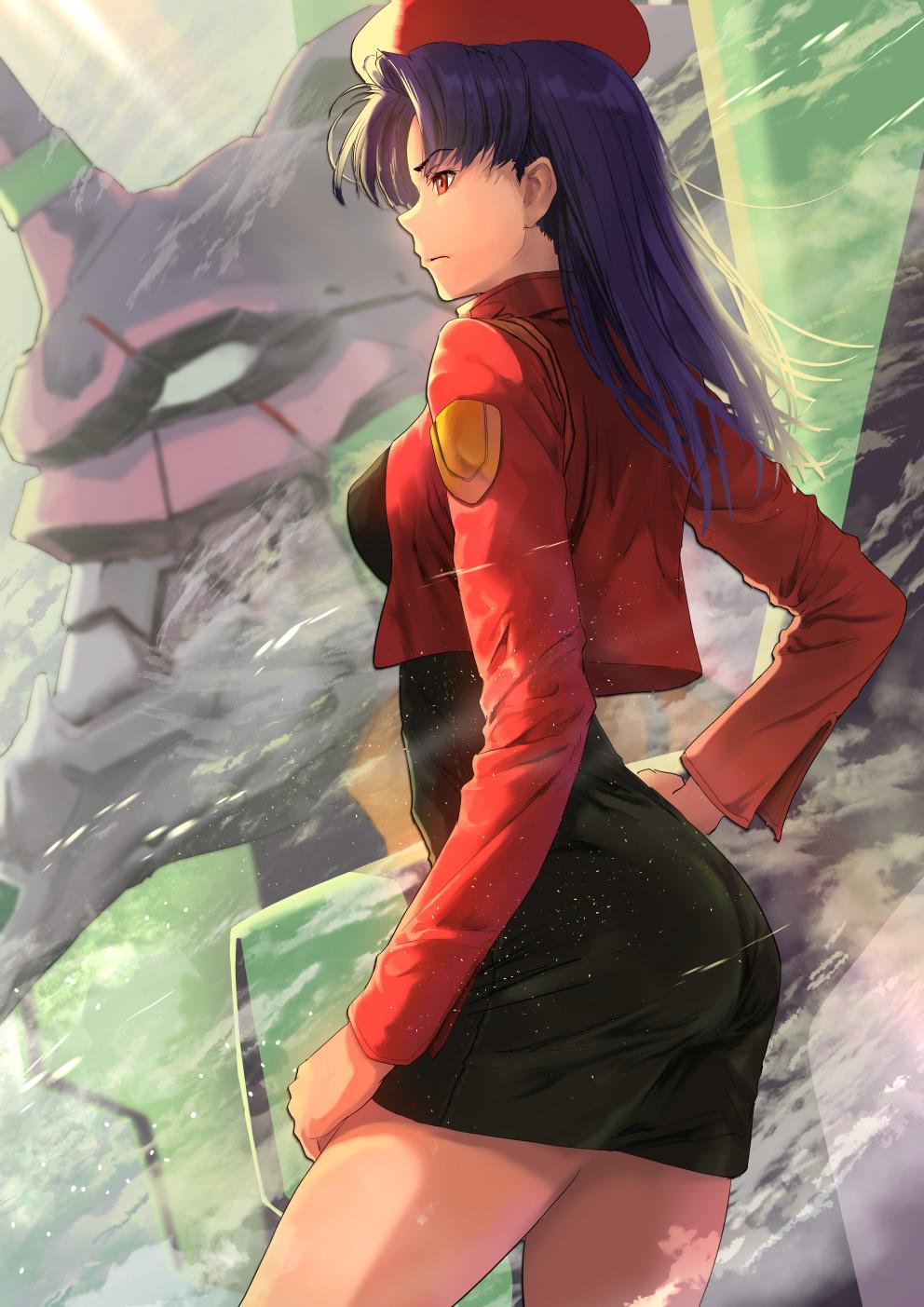 1girl ass bare_legs breasts chourui_keiko eva_01 hat highres jacket katsuragi_misato long_hair mecha medium_breasts neon_genesis_evangelion open_clothes open_jacket red_jacket robot shiny_skin solo standing