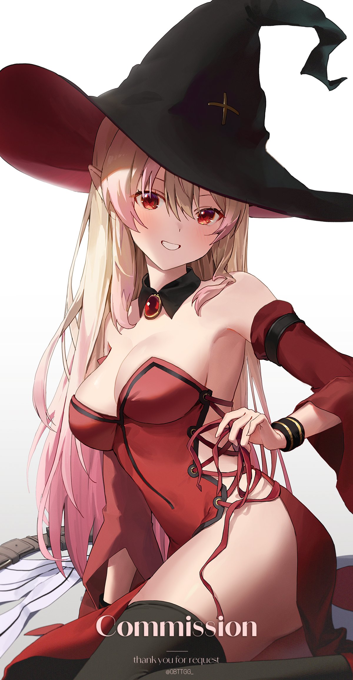 1girl armpits bare_shoulders black_hat black_thighhighs blonde_hair breasts brooch cccc2445 cleavage commission detached_collar detached_sleeves dress gem gradient_hair grin hat highres jewelry long_hair looking_at_viewer medium_breasts multicolored_hair no_panties original pointy_ears red_dress red_eyes red_gemstone revealing_clothes side-tie_dress simple_background sitting smile solo strapless strapless_dress thighhighs thighs white_background wide_sleeves witch_hat yokozuwari