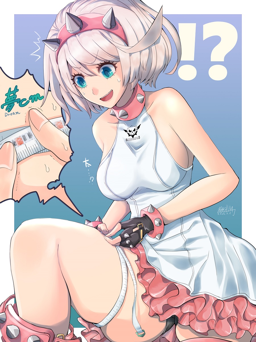 !? 1girl ahoge aqua_eyes bare_shoulders bracelet breasts collar dress elphelt_valentine frilled_dress frills guilty_gear guilty_gear_strive hairband highres huge_ahoge jewelry large_breasts mariebell open_mouth pink_hairband short_hair skull_print sleeveless sleeveless_dress smile spiked_bracelet spiked_collar spiked_hairband spikes two-tone_dress white_dress white_hair